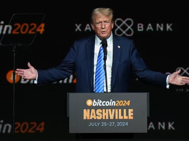 republican presidential nominee and former us president donald trump gestures at the bitcoin 2024 event in nashville tennessee us july 27 2024 photo reuters